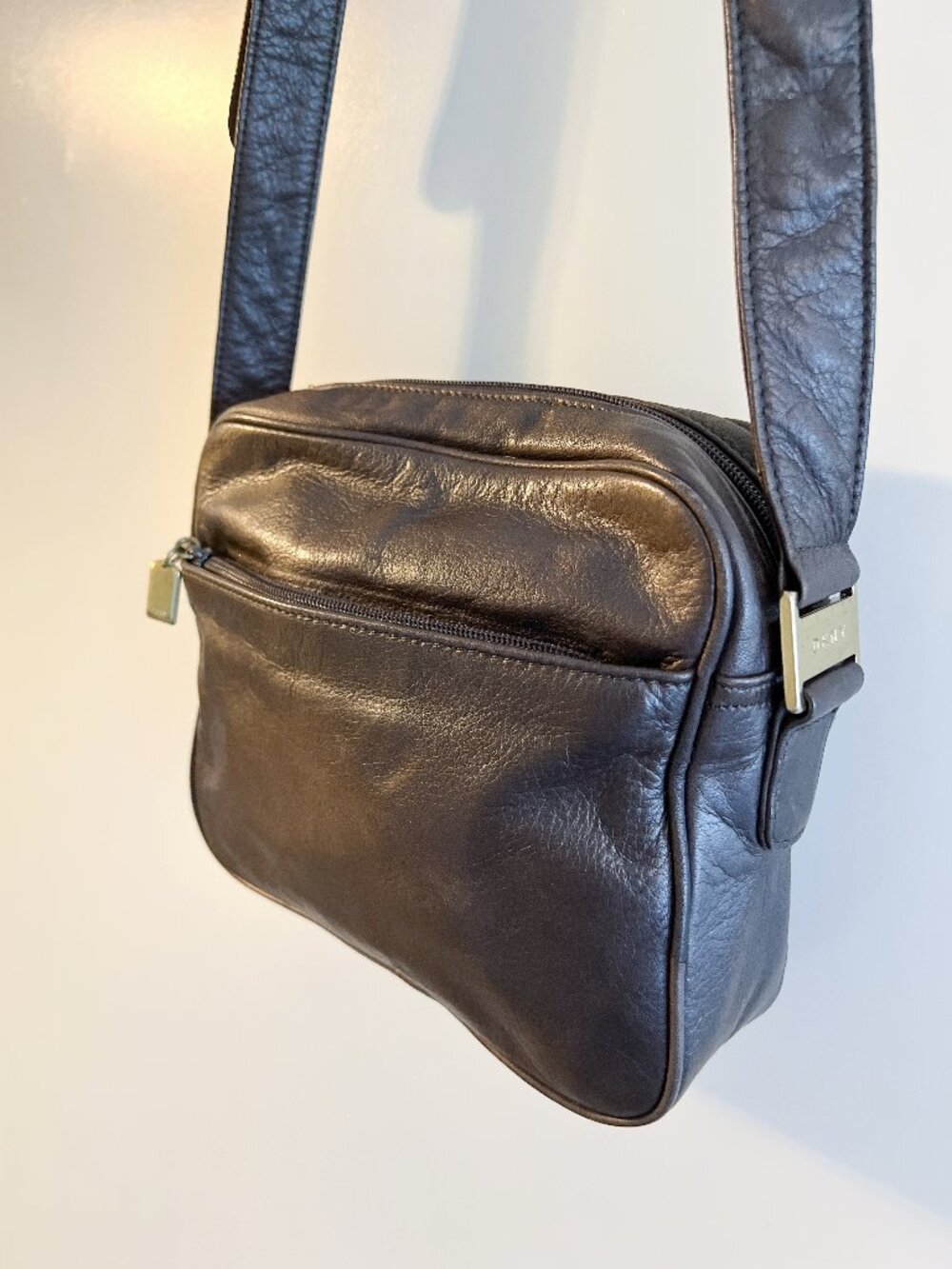 Vintage DKNY Donna Karan Brown Leather Crossbody Bag Korea Brass '90s